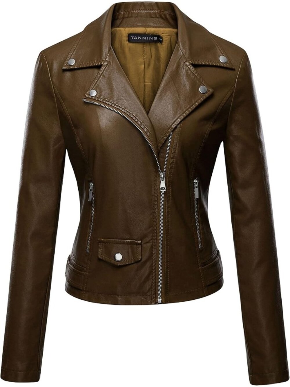 Women's Brown Faux Leather Moto Biker Jacket Slim Fit Zip Up Casual Short Coat